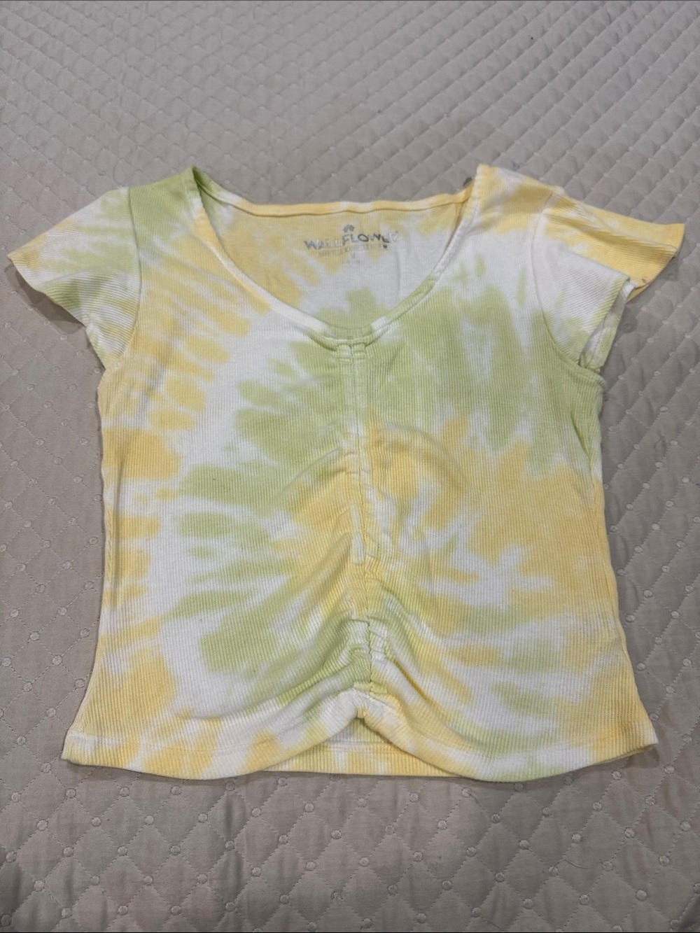 Wallflower Yellow & Lime Tie-Dye Ruched V-Neck Top
